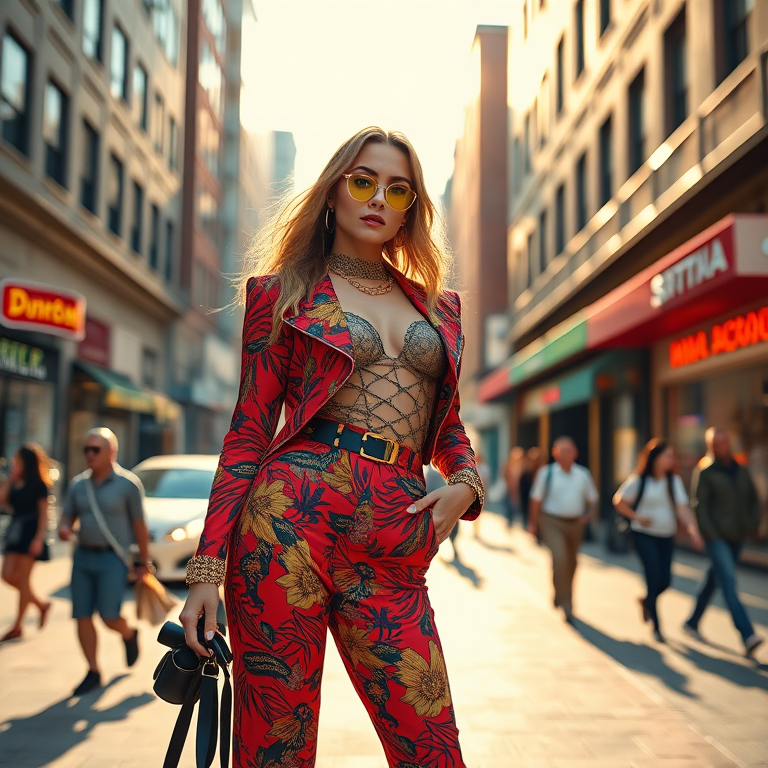 sabrina carpenter in a vibrant, stylish outfit posing on a sunlit city street with passersby and urban life