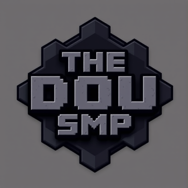 Minecraft-inspired 3D emblem for The Dou's SMP featuring chunky, cubic letters in a moody color palette with pixelated detailing true to the game's aesthetic