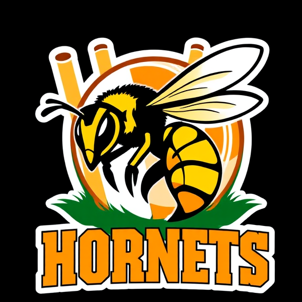 A cricket logo of a hornet with the text "Hornets". The hornet is black and yellow, with the cricket ball and stumps in the background. The text is bold and orange.