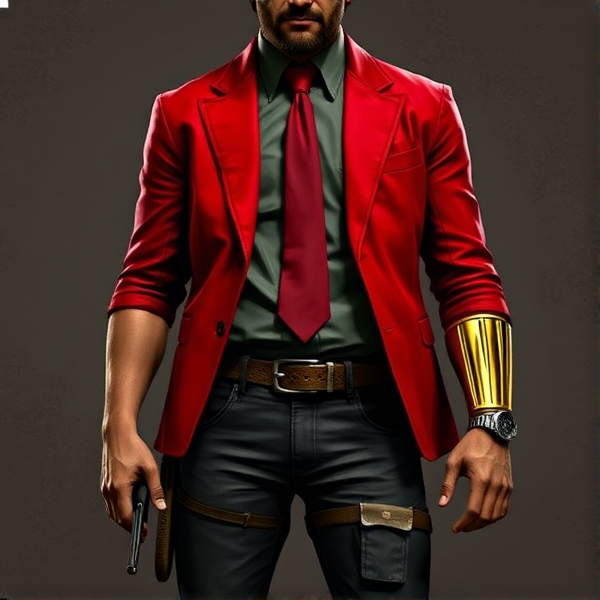 John Marston: the skin of his right arm was now a dark reddish-grey and his cybernetic left arm was now gold. It seems his arms weren’t the only thing that changed, he saw his suit had gotten a complete replacement, by all means it was still his suit (Kevlar and all) but the jacket was red, along with his jeans (although his jeans were a darker shade) and shoes, his belt and shirt were brimstone black, his tie was still red