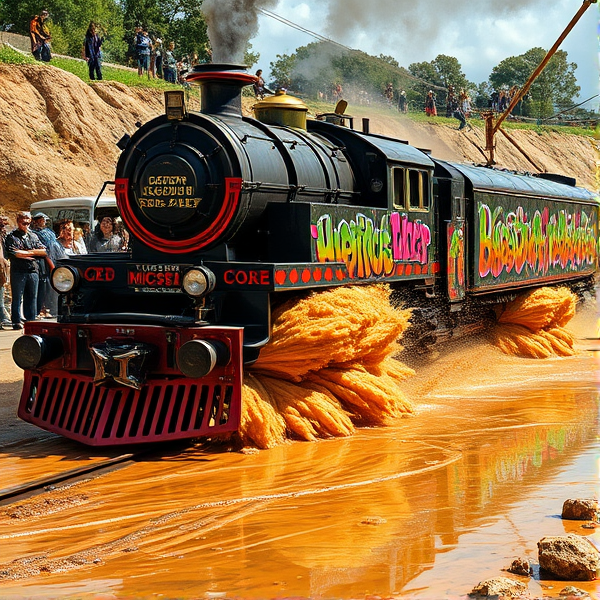 An incredibly customized, over-the-top muscle car version of Holden commodore with vibrant graffiti art, chrome detailing, and roaring exhaust pipes aggressively speeding along the tracks. The train's massive wheels spin furiously as it plows through a deep, luscious puddle of thick, brown gravy. The force sends torrents of gravy splashing chaotically in all directions, creating a dynamic and messy spectacle. The scene is set against a backdrop of astonished onlookers and with chunks of gravy mid-air, reflecting the sunlight.