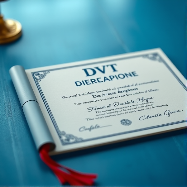 Diplôme écrit en français posé sur une table  bleue