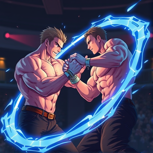 Two jacked men are fighting but one now has a blue plasma ring around them