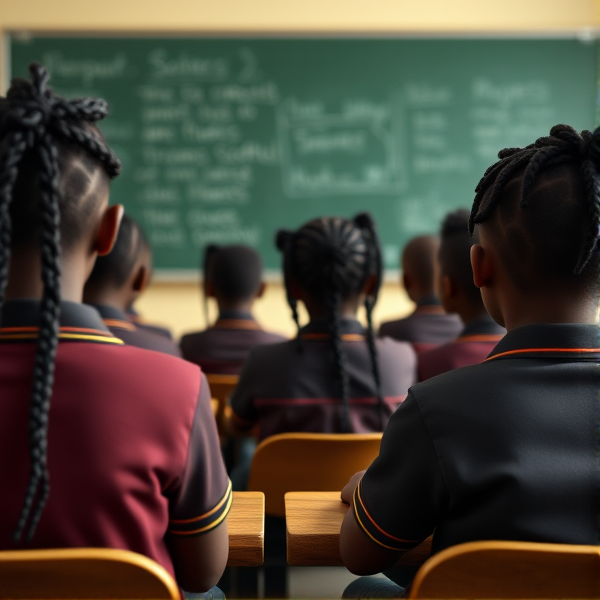 des écolières noires avec des tresses africaine et garçons assis dans une classe face au tableau