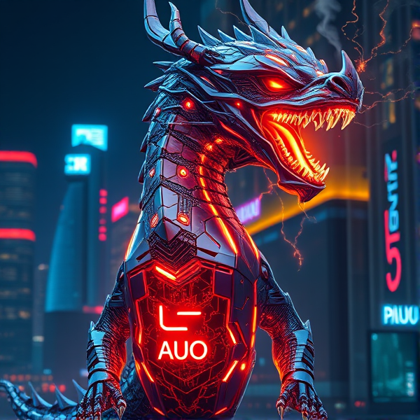 cybernetic dragon, its sleek, reflective metallic scales mirroring the vibrant neon lights of the cityscape. The acronym "AUO" stands prominently on its chest, casting an intense, fiery glow that pulses with raw energy and illuminates the complex network of circuitry etched into its hide. Digital smoke curls from the creature's nostrils as it emits a thunderous roar, unveiling fangs charged with electrical energy. Include the Ukrainian flag as a mark of respect and solidarity