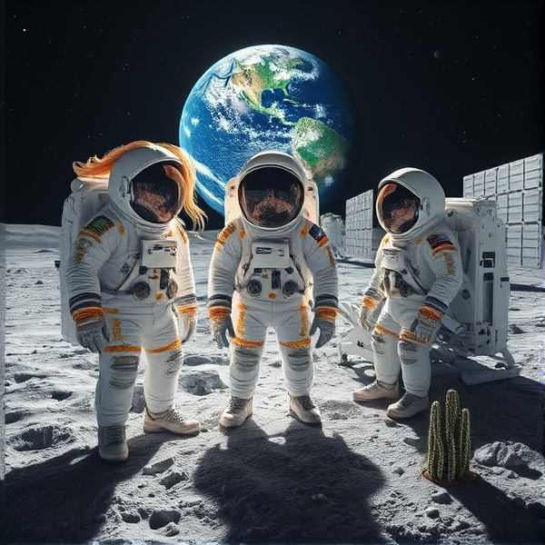 Trois astronautes sont campés sur la surface lunaire, illuminée par les reflets argentés du régolithe scintillant. Au centre, un humain est encadré par deux extraterrestres aux traits captivants. L'extraterrestre de gauche se distingue par une chevelure blonde et ondulante flottant librement autour de son casque spatial transparent, donnant l'illusion d'une danse en apesanteur. Leurs combinaisons spatiales éblouissantes de blancheur immaculée sont rehaussées de motifs dorés élaborés et parsemées de joyaux brillants qui captent et réfléchissent les éclats des étoiles environnantes avec des finitions chromées scintillantes. Chaque combinaison arbore un badge distinct illustrant leur mission respective, ajoutant une touche personnelle à leur tenue.

À l'intérieur d'un biodôme conçu avec des matériaux lunaires innovants, un autre astronaute s'affaire à planter consciencieusement des graines dans un jardin hydroponique baigné d'une lumière artificielle reproduisant le spectre solaire pour stimuler la croissance végétale. Les visières réfléchissantes des casques renvoient l'image d'un paysage lunaire stérile et fascinant. À travers une fenêtre panoramique du biodôme apparaît un module d'habitation portant fièrement le symbole du Québec, offrant ainsi une vue imprenable sur la Terre suspendue dans le cosmos.

Non loin, trône une disposition méthodique de dispositifs scientifiques avancés accompagnés de panneaux solaires performants à côté desquels flotte le drapeau du Manchester City Football Club, établissant un pont symbolique entre sport et exploration spatiale.

Le terrain accidenté composé de cratères monumentaux contraste fortement avec l'esthétique sophistiquée des infrastructures coloniales sous un éclairage ambiant doux mais précis. Le ciel nocturne se déploie dans toute sa splendeur bleu outremer intense, piqué d'étoiles étincelantes. Près du biodôme, on remarque également le drapeau acadien qui ondoie au gré du vide spatial. Une navette spatiale extraterrestre au design épuré est posée délicatement à proximité, entourée par différentes créatures lunaires pacifiques qui peuplent ce tableau vivant.

Surveillant discrètement cet ensemble harmonieux, un drone passe près du pavillon québécois. La flore exotique est ici représentée par des cactus lunaires insolites tandis qu'une charmante créature extraterrestre déambule près du jardin hydroponique où semble pousser une monnaie argentée rappelant la forme de liasses de dollars.