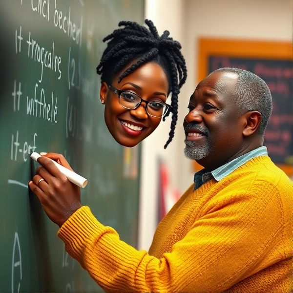 Une enseignante noire âgée de cinquante ans coiffée de tresses africaines traditionnelles, portant un pull jaune  se tient le dos tourné en train d'y écrire avec assurance à la craie blanche au tableau, éléments éducatifs colorés visibles en arrière-plan