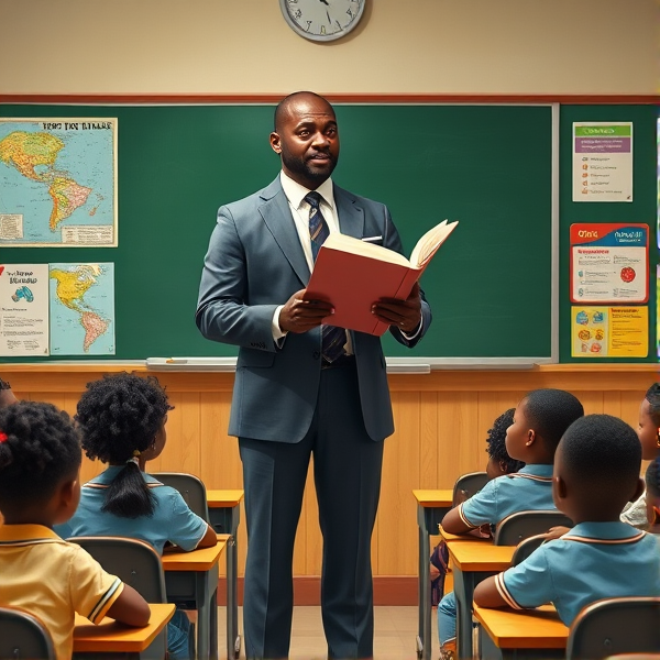 Directeur d'école afro-américain debout tenant un classeur ouvert dans ses mains portant un costume formel, dans une salle de classe avec un tableau vert, s'adressant  à un groupe d'élèves afro-américaines attentives de huit ans assises à leurs pupitres. Ils sont entourés de matériel pédagogique adapté à leur âge, comme des cartes géographiques, des affiches éducatives et des dessins d'enfants accrochés aux murs. La scène dégage une atmosphère chaleureuse et encourageante.