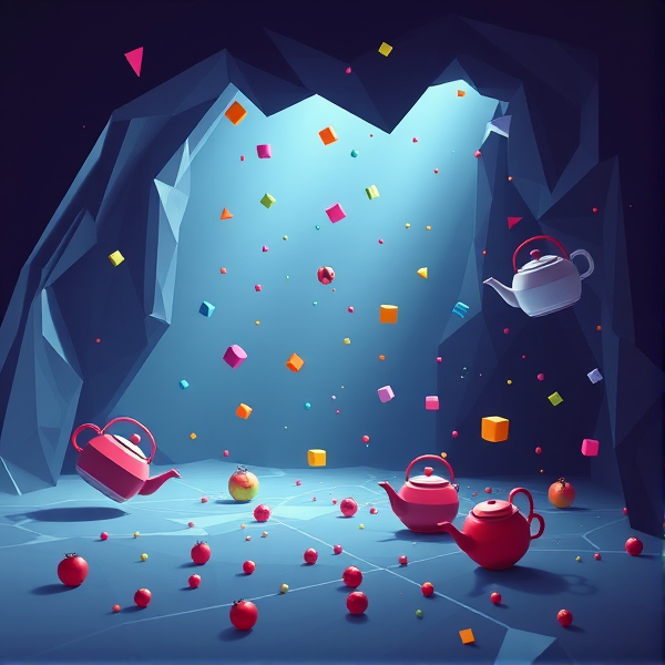 Digital void with low poly teapots and random colorful shapes falling