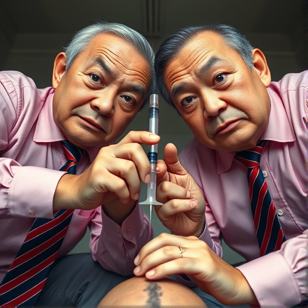 Deux hommes d'affaires chinois entiers âgés sont accroupis côte à côte. Ils portent des longues cravates soyeuses aux motifs de rayures bleues et rouges. Ils regardent droit dans l'objectif avec assurance, affichant des expressions graves.. Chacun appuie  fermement sur une seringue hypodermique  plantée dans ce qui semble être une tête hors champ. La prise de vue en contre-plongée accentue leur stature dominante et imposante. Leurs chemises sont d'une teinte subtilement rose, apportant un contraste raffiné à leur tenue formelle. Les sourcils froncés et le regard perçant donnent à leur apparence un air intimidant qui évoque une certaine froideur implacable. Ensemble, ils pressent la seringue avec force, suggérant une destruction métaphorique du "cerveau" auquel elle est appliquée
Cravates entièrement visible