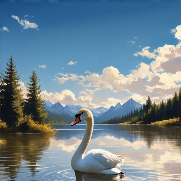 Un cygne solitaire sur un lac tranquille au crépuscule, ses plumes détaillées reflètent la lumière mourante du jour, évoquant une douce mélancolie. Le reflet de l'eau est comme un miroir brisé, où le ciel nuageux et les nuances pastel de rose et d'orange se fondent avec le bleu profond du début de la nuit. L'arrière-plan est flou avec des arbres à peine visibles dans le lointain sous un ciel mélancolique. La scène est capturée dans un style réaliste avec une attention méticuleuse aux textures et à la lumière diffuse. La caméra est positionnée au niveau des yeux, légèrement inclinée vers le haut pour englober le cygne et le vaste paysage qui l'entoure.