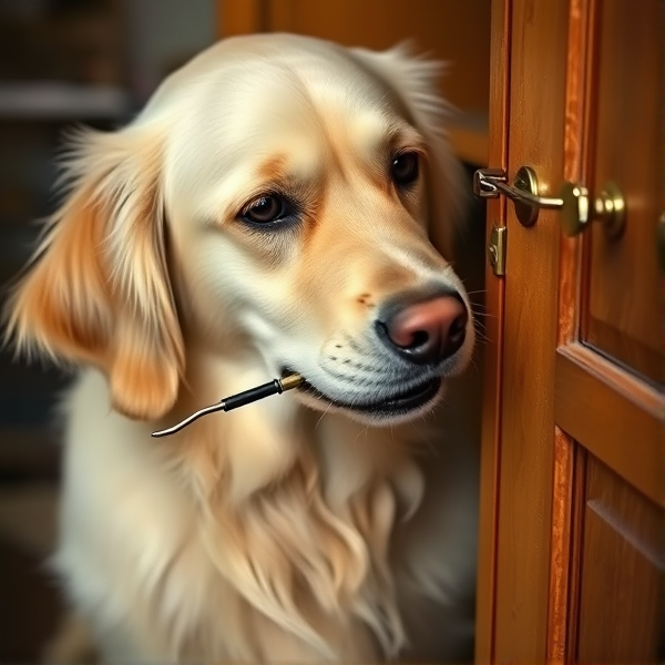 an english cream golden retriever picking the lock on a cabinet to get to her food. she's holding a professional lockpick in her mouth and looks nervous about getting caught. realistic looking.