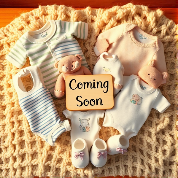 Close-up of a heart-shaped arrangement of various baby garments, such as onesies, bibs, and booties, on a plush woolen blanket. The palette features soft pastel hues adorned with playful patterns like stripes and polka dots. Each piece is embellished with gender-neutral motifs including animals and clouds. At the heart's center lies a petite wooden placard inscribed with "Coming Soon" in whimsical black script, all set against a warm, softly illuminated backdrop to evoke a sense of comfort and anticipation.