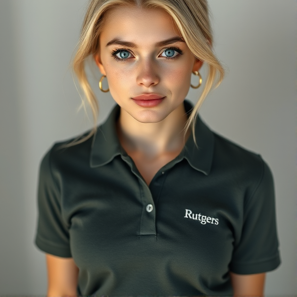 Photorealistic portrait of a youthful, naturally beautiful 19-year-old woman with blonde hair styled softly to convey an effortless appearance. Her bright blue eyes are accentuated by thick black lashes and her face is framed by a heart-shaped countenance. A delicate scattering of light freckles embellishes her nose, adding charm to her front-facing pose. She dons a dark green-gray polo shirt, the fabric clinging just enough to suggest a slender figure without being tight, featuring subtle white embroidery that spells "Ruttgers" over the left chest area. This is paired with a tasteful black mini skirt that enhances her chic yet simple style. Small gold hoop earrings add a modest touch of elegance to complete the image which embodies youthful grace and an air of simplicity.