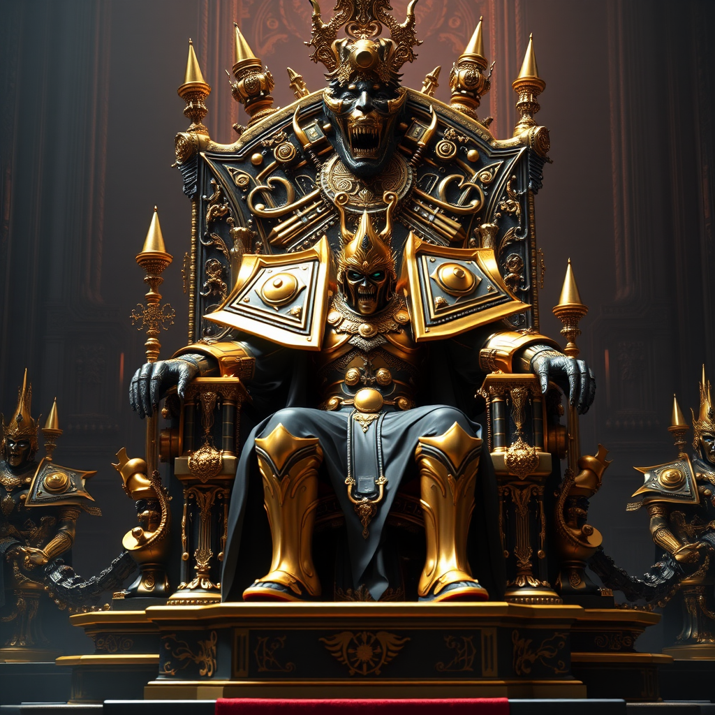 The Emperor of Mankind, on the deathless golden throne, Warhammer 40k, 3D, realistic, synthwave, retrofuturism, dieselpunk, astropunk