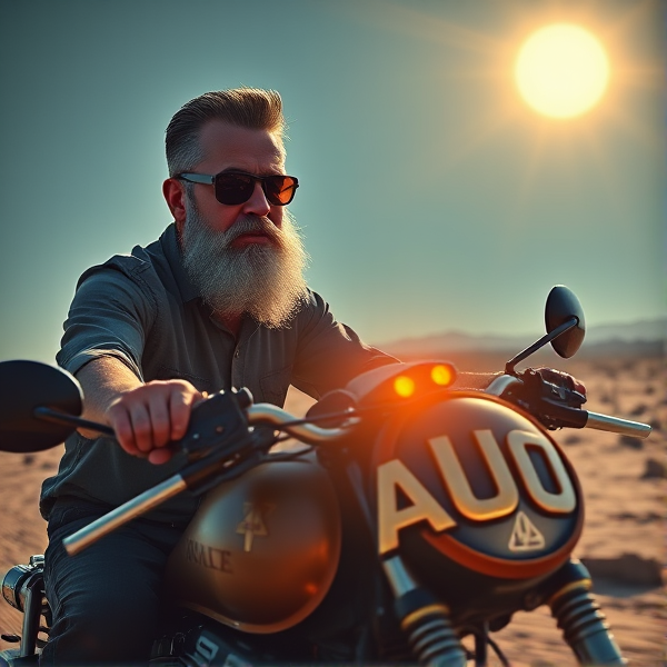 A seasoned gentleman wearing sunglasses with distinguished slick salt-and-pepper hair and a full, well-groomed beard astride a rugged motorcycle, cruising through a desolate landscape indicative of a post-apocalyptic setting. The letters "AUO" are prominently illuminated on the motorcycle's fuel tank.