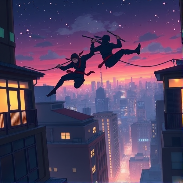 Two ninjas jumping across from building to building at night
