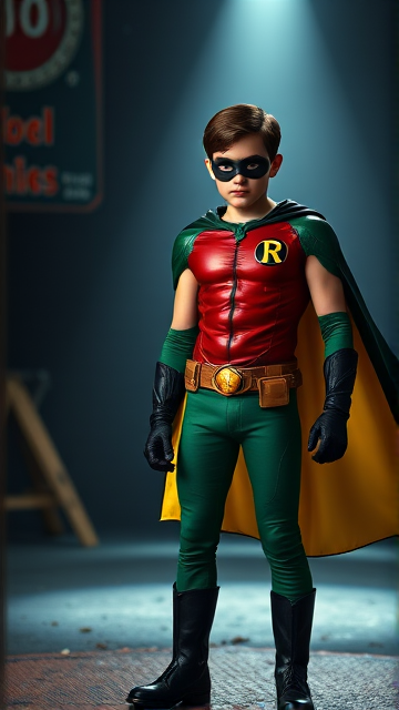 Movie Scene: A medium, preteen 12-year old boy with light skin and dark brown hair named Connor Bardley, but dressed as Robin, The Boy Wonder, with an extremely muscular body, a sleek green suit with a red torso with a black circle with a yellow R symbol on his left pectoral, a gold utility belt, black boots, black long-cuffed gloves, a big, heel-length, ultra-wide collared cape that's black on the outside and yellow on the inside, and a black eye mask, standing in his secret high-tech underground lair, the Bird Cave, ready for action.