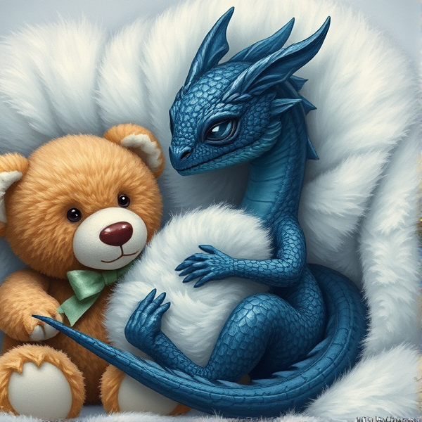 A blue and black baby dragon wrapped in a white fluffy blanket next to a teddy bear