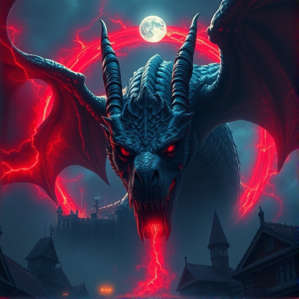 Dragon, hell, fire, red, cool, leader, night hellfire background, circular portal red, realistic, red lightning coming out and around the portal, hell castle in the background, dragon head