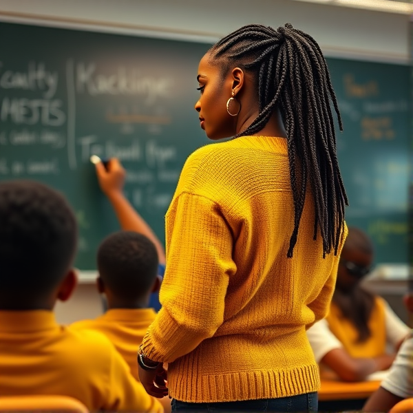 Une enseignante noire âgée de quarante ans coiffée de tresses africaines traditionnelles, portant un pull jaune  se tient le dos tourné en train d'y écrire à la craie blanche au tableau dans une salle de classe avec des élèves noires agés de huit ans.