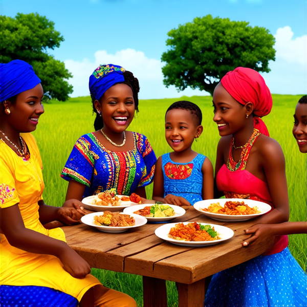 Famille nombreuse souriante réunie autour d'une table rustique en bois garnie de plats traditionnels africains, sous un ciel bleu dans un cadre champêtre avec des arbres et une végétation luxuriante, portant des vêtements africains colorés et variés, échangeant des rires et des conversations chaleureuses
