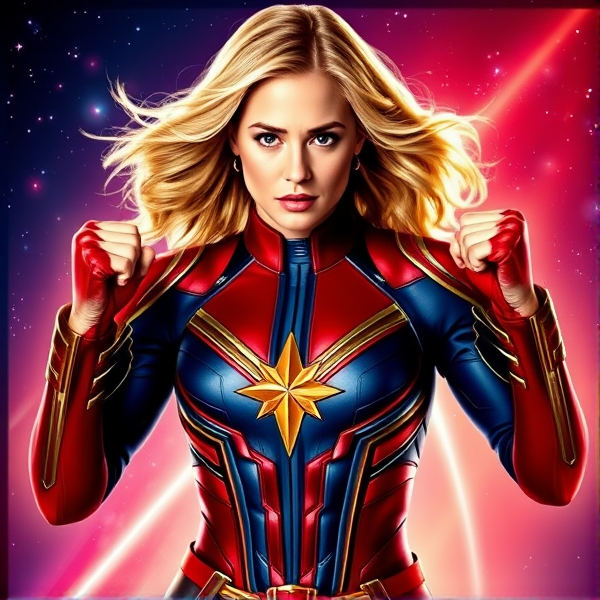Yvonne Strahovski portrayed as Captain Marvel/Carol Danvers in a heroic pose, with vividly detailed red, blue, and gold suit, featuring her iconic Hala star emblem on the chest. The image showcases her with a confident expression, medium-length blonde hair flowing, fists clenched ready for action, set against a cosmic backdrop that hints at her incredible powers. Full body image capturing the essence of strength and femininity