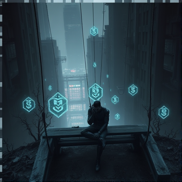 Un cyborg désintéressé assis sur un banc en ruine dans une ville futuriste abandonnée, avec des chaînes de blocs holographiques flottant faiblement autour de lui, les bâtiments décrépits recouverts de vignes numériques. Éclairage crépusculaire tamisé, style cyberpunk réaliste, vue en plongée pour capturer la scène d'apathie et l'atmosphère désolée