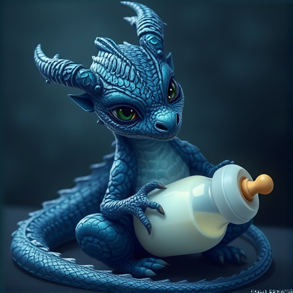 Blue and black baby dragon all alone with a baby bottle filled with milk