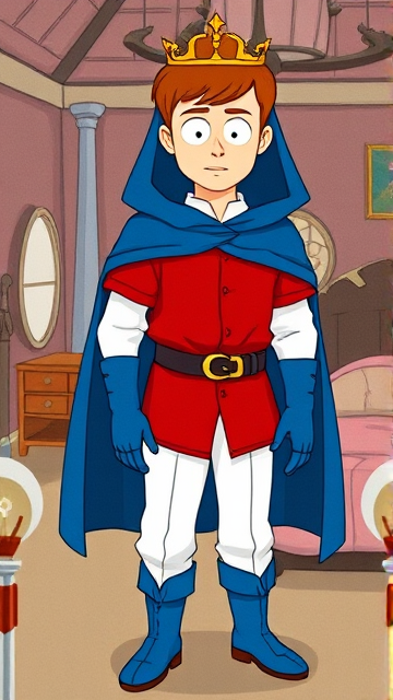Clyde Donovan from South Park, light skin and brown hair, but as a 14-Year Old, dressed as a medieval prince with a red shirt with white sleeves, a black belt with a gold buckle, white pants, blue boots, blue long-cuffed gloves, and wreathed in a big blue hooded cape, now known as Prince Donovan. Despite still being a kid, he is the Youngest Ruler of South Park, Colorado, but now reborn as the real life Kingdom of Kupa Keep, Zaron, and Prince Donovan is its youngest and greatest hero. The young teenage prince of Kupa Keep is currently standing in his bedroom in his new home of Kupa Keep Castle, preparing to set out for adventure.