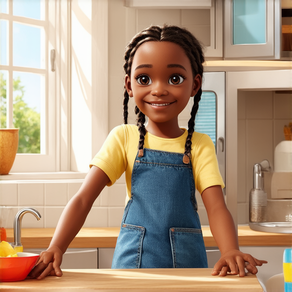 deux adolescents noirs de 14 ans vêtus de vêtements décontractés effectuant avec entrain des tâches ménagères dans une cuisine lumineuse et propre, leur petite sœur noire de 7 ans  tressés  à l'africaine les aidant joyeusement à ranger la vaisselle propre sur les étagères, fenêtre ouverte laissant entrer la lumière du jour