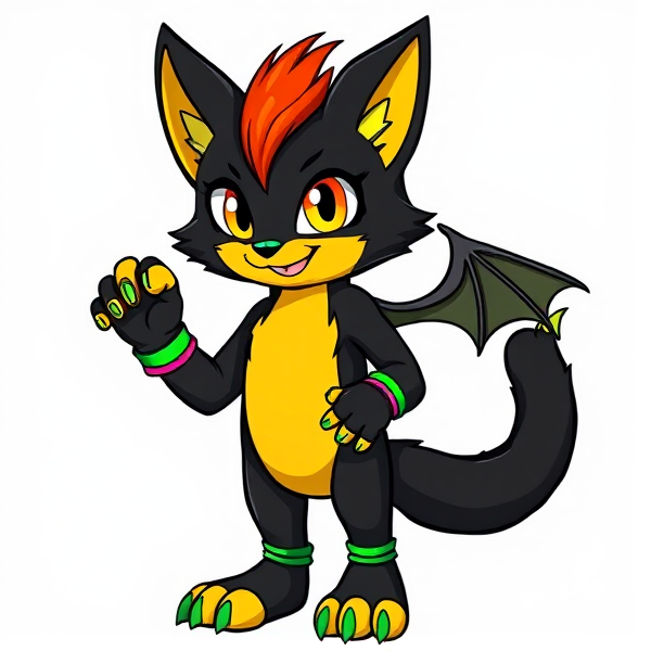 Unique fursona cat dog fox wolf dragon hybrid black and yellow furry with scenecore fingerless gloves  and rainbow hair tuft, brightly coloured bracelets over the hands. Green paw pads full body artwork reference cartoony styled furry full body showing silly scenecore lil guy :3 standing on two legs with outline with black and green striped fingerless brightly colored gloves with tiny black dragon wings.