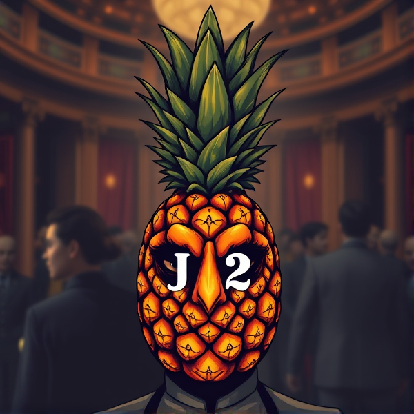 Conception d'un logo sophistiqué avec un ananas hautement stylisé et orné de motifs exotiques, placé au cœur d'une scène célébratoire. L'ananas arbore un visage riche en expressions qui lui confère une identité remarquable. Les initiales "J2" doivent être adroitement incorporées à la place des yeux de l'ananas, visibles et intégrées harmonieusement dans le dessin, tout en préservant leur lisibilité sans être ostentatoires. La composition doit évoquer le luxe et l'artisticité grâce à des éléments décoratifs raffinés et un travail minutieux sur les détails.