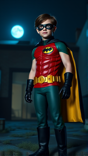 Movie Scene: A preteen 12-year old boy with light skin and dark brown hair named Connor Bardley, but dressed as Robin, The Boy Wonder, with an extremely muscular body, a sleek green suit with a red torso with a black circle with a yellow R symbol on his left pectoral, a gold utility belt, black boots, black long-cuffed gloves, a big, ankle-length, ultra-wide collared cape that's black on the outside and yellow on the inside, and a black eye mask, standing in an abandoned house at night, looking for clues to the mystery he is trying to solve.