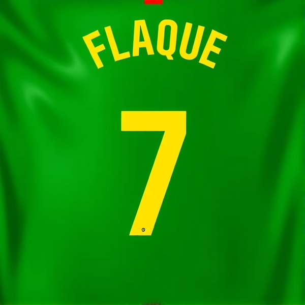 Generate an image of a glossy background which is only made out of one vertical red line and another vertical green line with the words FLAQUE on the top in yellow print with the number 7 under in higher yellow print sort of a zoomed in Portugal soccer jersey with the print I asked for RED AND GREEN divide it like this red/green evenly