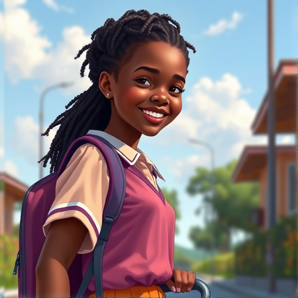 Jeune écolière africaine de huit ans, coiffée de tresses africaines serrées, souriante, portant un uniforme d'école coloré et tenant un cartable robuste sur le chemin de l'école sous un ciel clair matinal