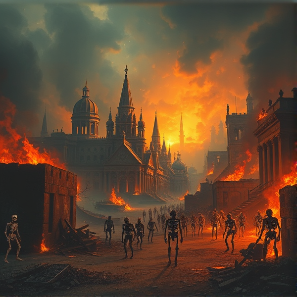 The fall of humanity, the world lays in ruins with buildings destroyed and lands on fire as skeletons line the world