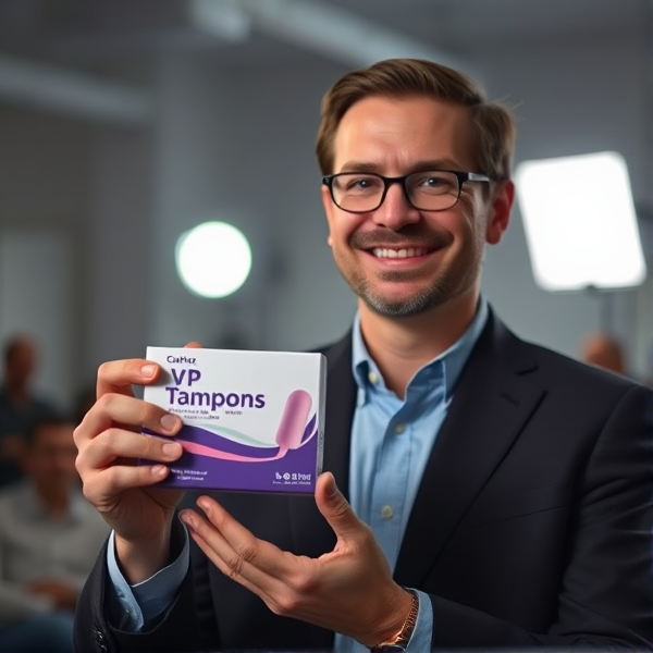 Tim Walz VP holding a box of tampons.