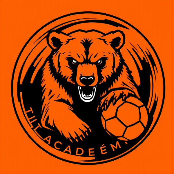 Conception d'un logo rond et percutant pour 'Tilt Académie', école de football. Au coeur du design, un ourson grizzly dessiné avec une précision extrême et un sens artistique raffiné, incarnant la puissance et la ténacité. Il est entouré par des éléments graphiques abstraits qui évoquent dynamisme et passion pour le football : des lignes fluides et rapides ainsi que des formes géométriques vibrantes et énergiques. La palette de couleurs est dominée par un orange vif et un noir intense, offrant un contraste frappant. Le design doit se démarquer en capturant l'essence du jeu compétitif avec l'ourson prêt à se lancer dans l'action. Il est focus mais pas méchante.Le nom 'Tilt Académie' s'intègre harmonieusement autour de l'élément central dans une police moderne et saisissante. Un ballon de football est intelligemment incorporé au logo afin d'en souligner l'appartenance au monde du football. L'esthétique générale doit allier tradition sportive à une touche innovante, rendant le logo idéal comme emblème d'un club sportif.Plus orange que de noire