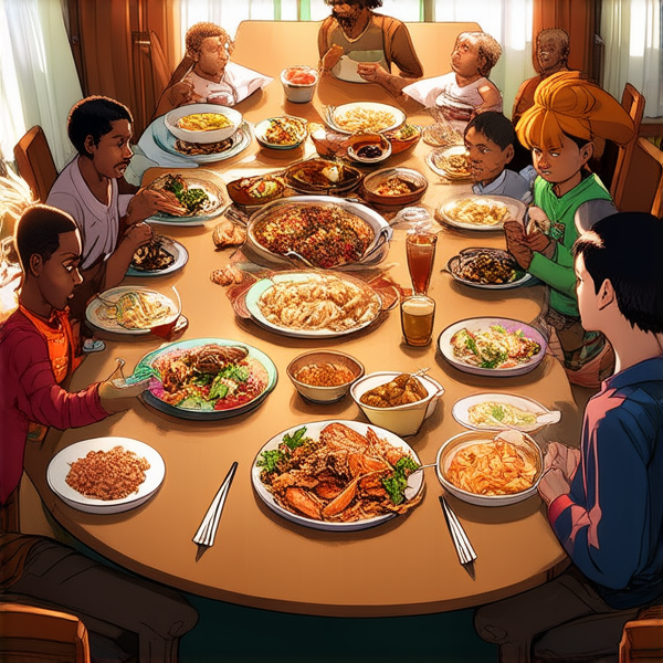 Repas de famille afro-américaine traditionnel, réunis autour d'une grande table avec des plats faits maison typiques