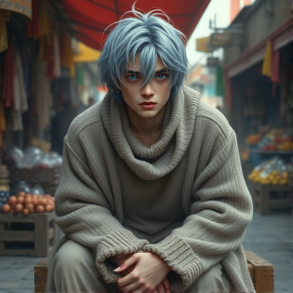 Envision a young man who is the very personification of the sin of sloth, his complexion deathly pale. His hair, a disheveled cascade of light blue, falls carelessly around his face which houses a pair of deep blue eyes, underscored by dark circles that speak volumes of his perpetual weariness. His mouth is etched into an expression that's neither here nor there – the epitome of apathetic exhaustion. This figure is swathed in an oversized sweater that seems to engulf his frame in its folds; over this, he drapes a loose-fitting robe that adds to his slovenly aura. He sits slouched on an old wooden crate at odds with the vibrant energy around him, amidst the cacophony and color of a marketplace in full swing, yet he remains untouched by its vitality as if existing in a bubble of lethargy