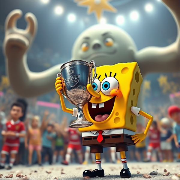 SpongeBob holding premier league trophy behind massive Croud