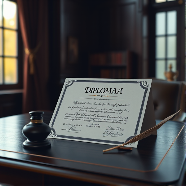 Prompt: Un diplôme élégant posé sur un bureau en bois foncé, avec un encrier et une plume à côté, éclairage doux venant d'une fenêtre à gauche, ambiance de réussite académique