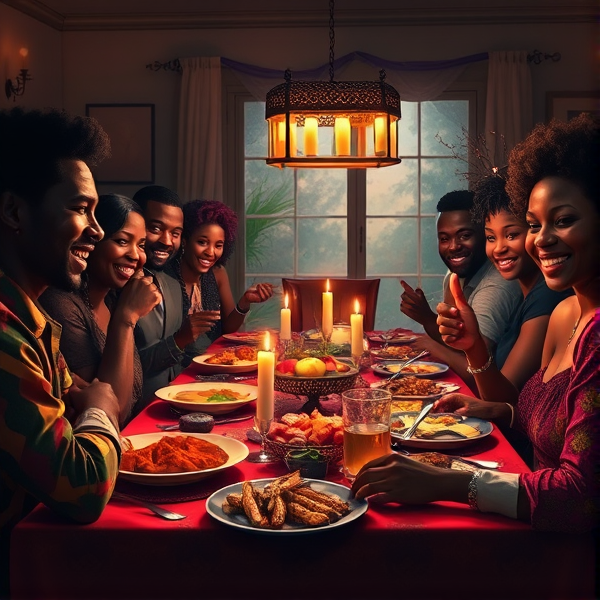 repas chaleureux d'une grande famille afro-américaine réunie autour d'une table festive, sourires et complicité, cuisine traditionnelle, intérieur accueillant