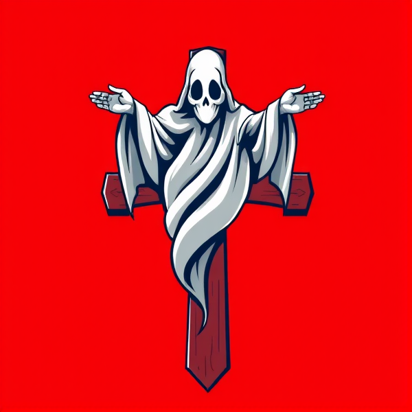 Red background with a Christian cross, with a ghost on top of it.