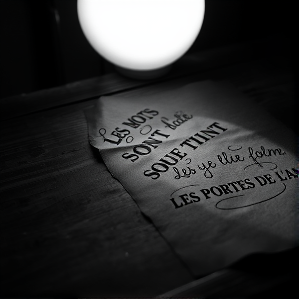 Une feuille épaisse et texturée de couleur sombre repose sur une table en bois ancienne, mise en valeur par un éclairage dramatique d'une lumière blanche provenant du côté, créant un jeu d'ombre et de lumière contrasté. Les mots délicatement inscrits sur la feuille avec une écriture cursive élégante et fine sont illuminés par cette lumière, ressortant clairement contre l'obscurité ambiante. L'ambiance générale de l'image est intime et chaleureuse, malgré le choix du noir et blanc qui renforce l'esthétique vintage et le sentiment de nostalgie. La phrase est " LES MOTS SONT LES PORTES DE L'AME"
