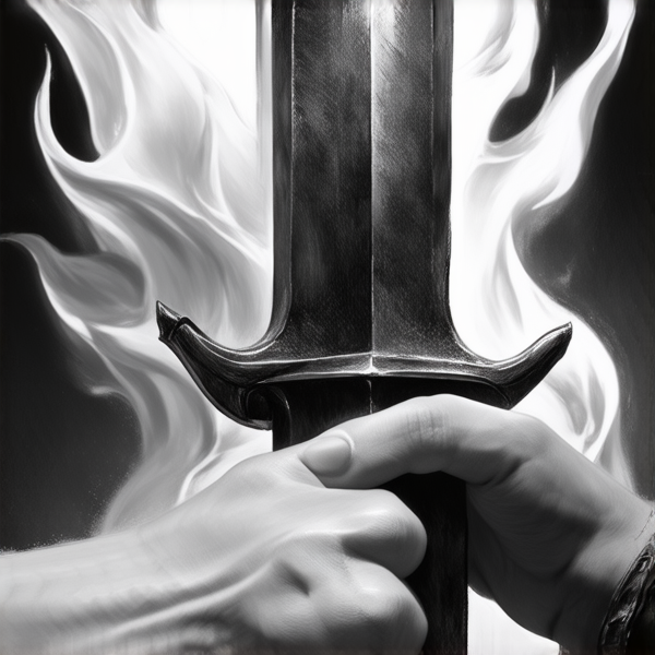 Une épée européene à double tranchant représentant l'élément du feu placée verticalement, pommeau vers le haut