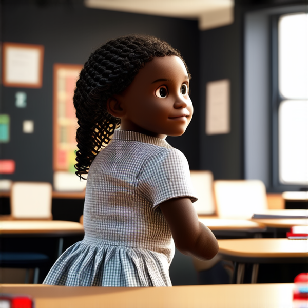 petite fille noire de 10 ans avec des tresses africaines  dans une salle de classe avec des cahiers en main devant un tableau noir
