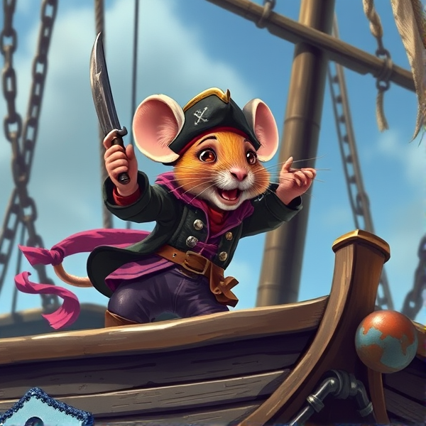 A swashbuckling mouse on a pirate ship