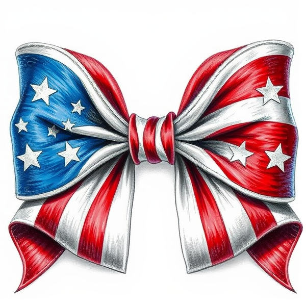 Hand drawn, coquette bow, with stars and stripes in colors red white and blue, clip art, on a white background